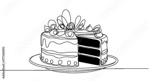 Delicious Chocolate Cake with Whipped Cream Frosting Line Art on Plate Ready to Serve: Sweet Dessert Pastry Slice Illustration for Celebration, Bakery, Confectionery Business, Food Blog, Elegant Desig