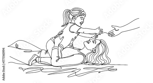 Loving Mother & Child Playing Together Indoors: A Continuous Line Art Portrait Capturing the Joyful Connection, Family Bonding & Cherished Moments, Ideal for Healthcare, Lifestyle & Education Content