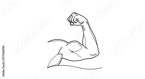 Strong Arm Flexing Biceps Outline on White Background: Powerful Muscle Strength, Bodybuilding and Fitness Illustration for Health, Sports, Exercise, Training, Design, Medical Diagram, Anatomy, Drawing