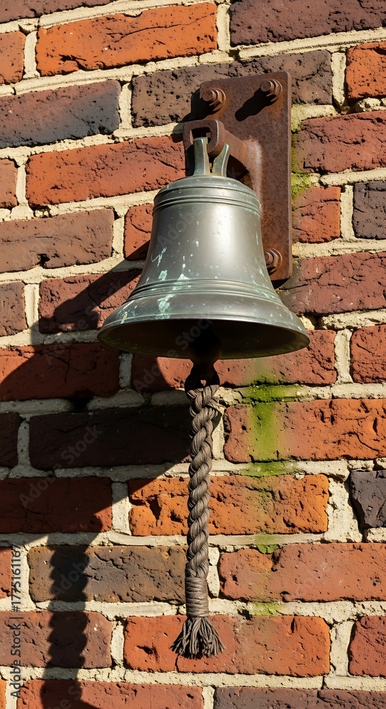 Fototapeta premium Old Brass Bell with Rope Pull on a Brick Wall.