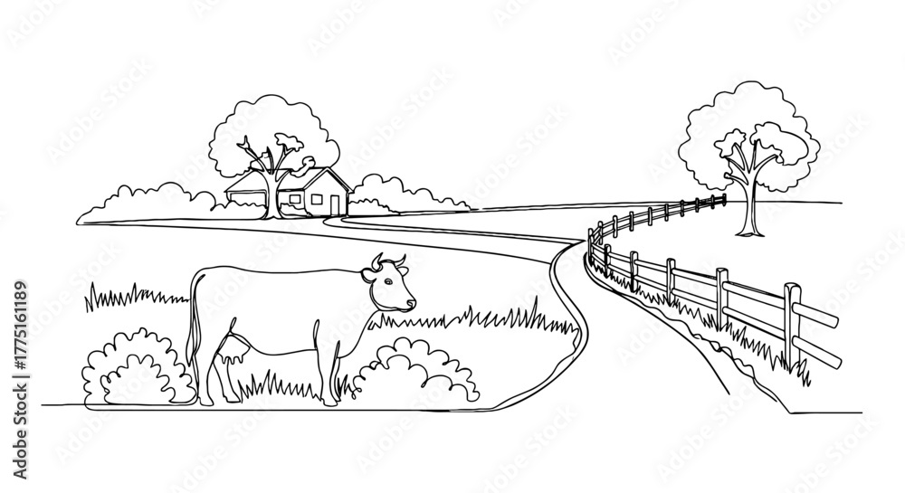 Obraz premium Dairy Cow Grazing in a Lush Green Pasture Near Farmhouse with Rolling Hills Backdrop in a Single Line Art Style Illustration for Agriculture and Livestock Industry Projects, Promoting Eco-Friendly Far