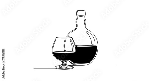 Elegant Red Wine Still Life: Bottle and Glass in Minimalist Line Art Style for Sophisticated Design Projects, Ideal for Wine Industry Marketing, Restaurant Menus, Gastronomy Art, Events Advertising, a