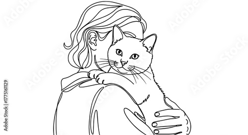 Elegant Line Art: Woman Holding Cat Inside Home - Minimalist Illustration for Pet Lovers, Veterinary Designs, and Family Illustrations - Modern Artwork Ideal for Decor, Healthcare Marketing, and Lifes