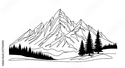 Majestic Mountain Range Landscape with Forest and Rising Sun Illustration - Serene Outdoor Scene for Travel, Adventure, and Nature Concepts, Ideal for Eco Tourism Marketing, Wilderness Exploration Des