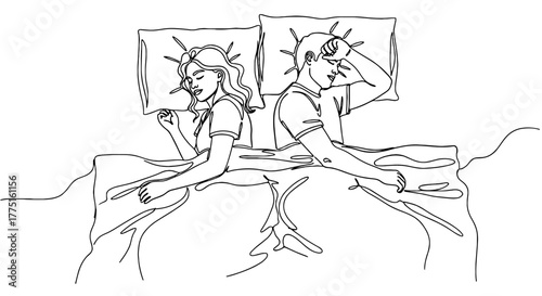 Stressed Couple Sleeping Back-to-Back in Bed, Experiencing Relationship Problems, Representing Marital Conflict and Intimacy Issues in a Modern Home Environment, Drawn in Minimalist Line Art Style for
