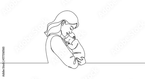 Loving Mother Holding Newborn Baby in Gentle Embrace, Expressing Affection and Care at Home, Ideal for Parenting Education and Healthcare Campaigns, Minimalist Continuous Line Art Style Illustration