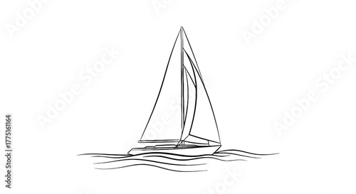Elegant Sailboat Gliding on Teal Ocean Waves: Serene Maritime Adventure, Nautical Transportation, Artistic Line Drawing, Minimalist Design for Travel Industry Marketing, Modern Brochure Illustration,