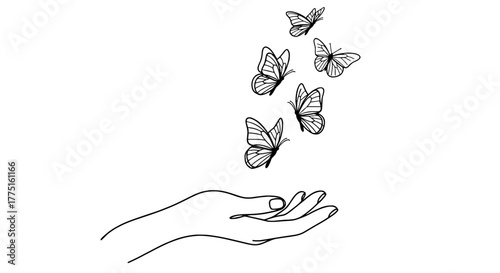Gentle Hand Releasing Butterflies into Flight: A Symbol of Freedom, Transformation, and New Beginnings Amidst Pastel Hues in Minimalist Line Art Style, Perfect for Wellness, Healthcare, and Artistic E