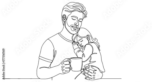 Loving Father Holding Sleeping Daughter with Coffee Mug in Minimalist Line Art Style Illustration, Conceptual Family Moment for Parenting Blog, Healthcare, or Father's Day Card Design, Modern Beige Ae