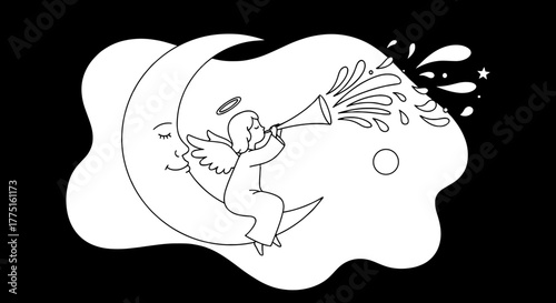 Sleeping Moon Guardian Angel Serenading Night Sky with Trumpet, Spreading Joy and Magic on Crescent Moon Background, Dreamlike Scene for Children's Stories, Bedtime Tales, Spiritual Art, Featuring Whi