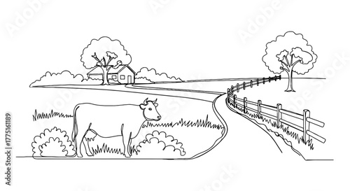 Dairy Cow Grazing in a Lush Green Pasture Near Farmhouse with Rolling Hills Backdrop in a Single Line Art Style Illustration for Agriculture and Livestock Industry Projects, Promoting Eco-Friendly Far