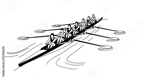 Rowing Team in Action on Water: Competitive Eight-Person Crew Sprinting in a Racing Shell on a River, Representing Teamwork and Coordination in a Sporting Event for a Fitness or Team Building Campaign