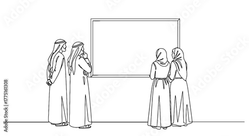 Four Middle Eastern People Observing a Blank Whiteboard in a Modern Office, Brainstorming Ideas for Future Strategy, Presentation, Marketing, or Education in a Business or Cultural Context Line Art De