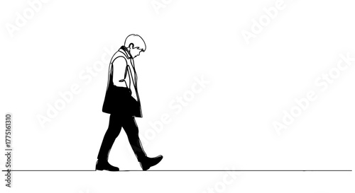 Pensive Man Walking in Thoughtful Reflection on Solitary Journey, Contemplative Figure Strolling Outdoors in Autumn Attire, Modern Minimalist Line Art for Business Presentation, Loneliness Concept, Me