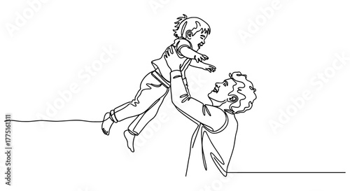 Happy Father Playing with Child in the Air: A Single Line Drawing of a Parent Lifting a Kid in a Minimalist Illustration of Family Fun, Love, Togetherness, Happiness for Children's Designs and Wellbei