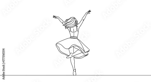 Elegant Ballerina Dancing with Joy in Flowing Dress, Back View - Graceful Movement, Performing Arts, Dance Recital, Celebration of Freedom and Expression, Black and White Line Art for Branding, Modern