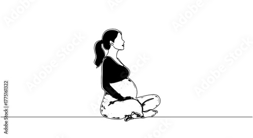Pregnant Woman Meditating in Serene Landscape for Prenatal Wellness: Minimalist Illustration of Expectant Mother Practicing Yoga for Health and Wellbeing in a Modern, Calming Environment. Use for Heal