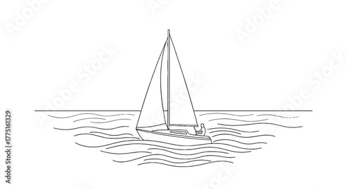 Solitary Sailboat Sailing on the Ocean at Sunset, a Minimalist Nautical Scene for Summer Travel and Vacations, Representing Freedom and Escape, in a Graphic Style for Advertising and Marketing (198/20