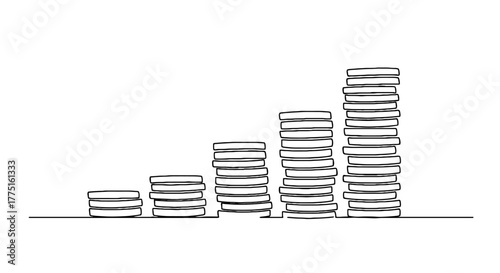 Growing Stacks of Coins Representing Financial Growth and Investment Success on a White Background for Business Presentations, Marketing, and Economic Illustrations with Modern Minimalist Style, Wealt