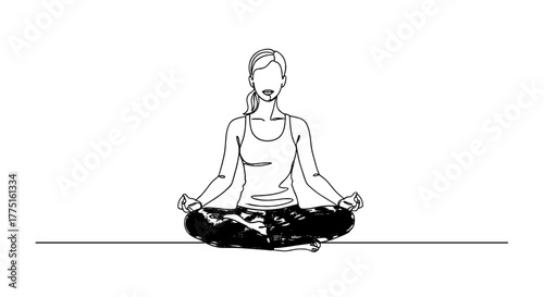 Woman in Lotus Position Practicing Mindfulness Meditation at Yoga Studio for Stress Relief and Mental Wellness, a Modern Continuous Line Art Illustration for Healthcare Marketing & Zen Lifestyle, Calm