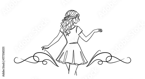 Elegant Woman in Dress Gesturing with Graceful Flourishes, One-Line Art in Simple Style, Showcasing Fashion Design and Modern Elegance for Beauty Industry, Perfect for Presentations and Marketing Mate