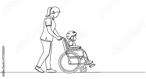 Continuous Line Drawing of Caregiver Pushing Child in Wheelchair Outside, Showing Empathy and Support in Healthcare Setting for Rehabilitation and Recovery, Depicting Accessible and Inclusive Lifestyl