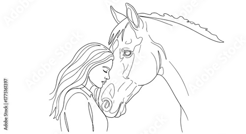 Elegant Woman Embracing Horse in Serene Meadow Landscape, Conceptual for Equestrian Lifestyle & Veterinary Care, Minimalist Line Art Style Illustration for Wellness Design, Beauty, Friendship, Loyalty