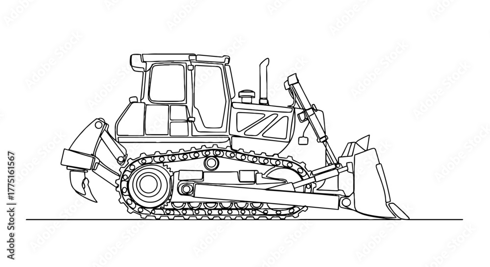 Naklejka premium Bulldozer Digging Construction Site: Heavy Equipment Excavation, Site Preparation, Demolition in Infrastructure Project, Roadwork with Tractor, Powerful, Industrial, Engineering, Landscaping, Modern L