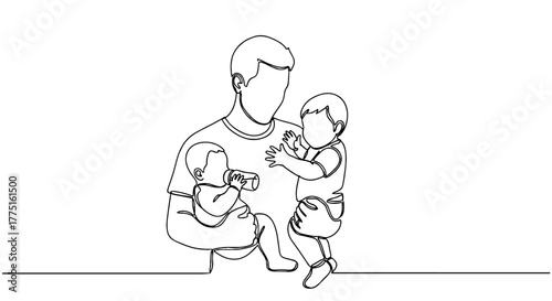 Caring Father Nurturing Twin Babies with Bottle in Single Line Art - Minimalist Illustration of Parenthood and Infant Care at Home, Demonstrating Family Bonding, Health, and Wellness for Presentation