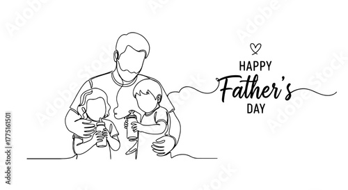Happy Father's Day Celebration: Loving Dad Embracing Children with Drinks - Minimalist Line Art Design for Family Bonding and Togetherness, Perfect for Greeting Cards, Social Media, and Celebratory Ma