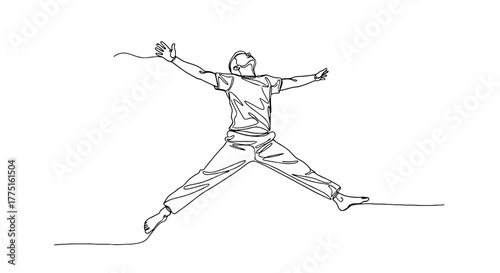 Joyful Person Jumping High in Celebration, Single Line Art on White Backdrop for Modern Graphic Design, Expressing Happiness and Success in Business, Lifestyle, and Education, a Minimalist Vector Illu