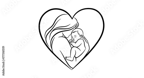 Loving Mother Embracing Newborn Child in Heart Shape Outline: Tender Family Moment, Healthcare Illustration for Parenthood, Pregnancy & Childbirth Content, Serene Minimalist Artwork in Soft Pastel Ton