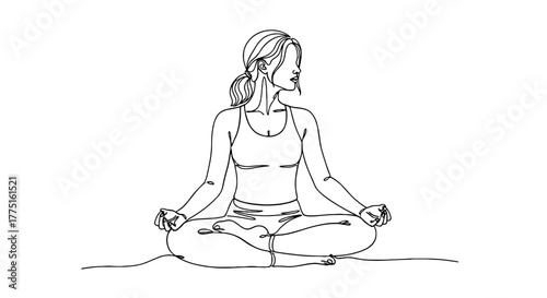 Meditating Woman in Lotus Position: Single Line Drawing of Serene Female Practicing Yoga, Mindfulness, and Relaxation on White Backdrop for Health, Wellness, and Calm Concepts (Minimalist Art, Illustr