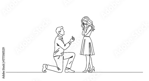 Romantic Marriage Proposal with Man Kneeling Before Woman in Joyful Surprise During Engagement on Minimalist Background Depicting Commitment and Love, Ideal for Wedding or Relationship Theme Presentat