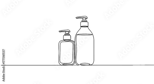 Hand Sanitizer and Lotion Dispensers on Countertop: Modern Hygiene and Skincare Products for Health, Beauty & Protection at Home, Spa, or Office. Stylish Minimalist Line Art for Presentation, Marketin