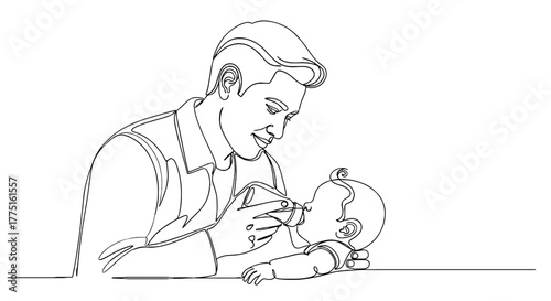 Loving Father Feeding Baby with Bottle at Home, Continuous Line Art Illustration for Parenting Concepts, Family Lifestyle, Childhood Development, Single Stroke Drawing for Website, Marketing, Health,