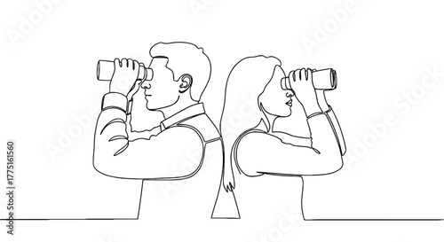 Diverse Teamwork Outlook: Man and Woman with Binoculars Looking Forward, Back to Back, in Shared Vision and Separate Perspectives for Business Growth Strategy, Innovation, and Market Research in a Mod