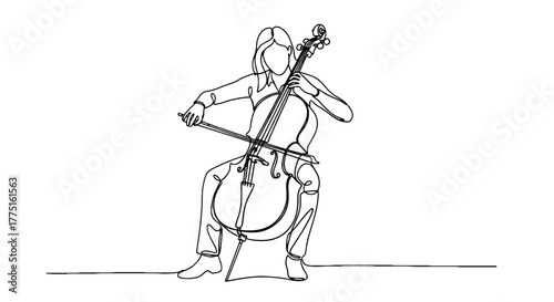 Elegant Cello Player Performing Solo Concert: Single Line Art Illustration of Musician Playing Classical Instrument in Minimalist Style for Presentation, Website, and Modern Artistic Expression (Perfo