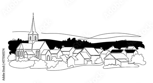 Scenic Village Landscape Illustration with Church and Houses Overlooking River, Showcasing Rural Architecture, Promoting Community, Unity, and Local Tourism, Perfect for Travel,  Education, Marketing,