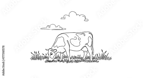 Cow Grazing in a Lush Pasture Under Cloudy Skies: Dairy Farm Livestock Enjoying Countryside Life, Representing Agriculture, Natural Harmony & Rural Scenery for Organic Food, Environmental Preservation