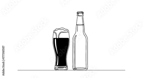 Refreshing Craft Beer Still Life:  Isolated Glass and Bottle Line Art on Cream Backdrop, Representing Celebration, Relaxation, and Beverage Enjoyment for Restaurant Menus, Bar Promotions and Modern We