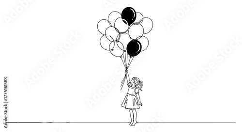 Little Girl Holding Balloons: Happy Child Reaching for Colorful Balloons Floating in the Air, Expressing Joy and Freedom in a Whimsical Dreamlike Scene, Ideal for Childhood, Celebrations, and Upliftin