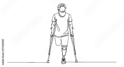 Man with Leg Amputation Walking with Crutches: Line Art Illustration of Disabled Person Navigating Obstacles, Modern Healthcare, Rehabilitation, Recovery, Strength, Resilience Concept,  Support, Inclu