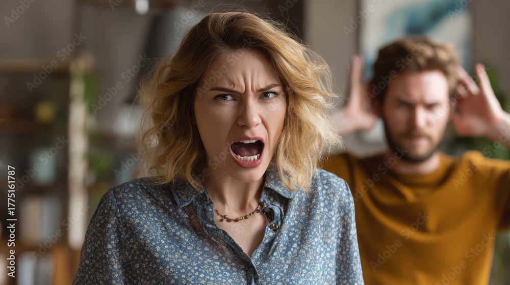 Fototapeta premium A distressed white woman is yelling at her husband in their living room showcasing marital conflict likely influenced by COVID 19 stress