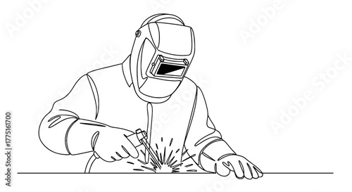 Welder Working with Protective Gear in Industrial Setting - Line Art Illustration for Manufacturing, Construction, Engineering Projects - Skilled Tradesman, Professional, Safety Focused, Technical Des