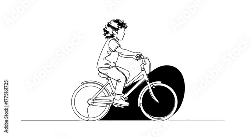 Young Cyclist Enjoying a Bike Ride in the Park - Single Line Drawing of a Child on a Bicycle with Green and Blue Shapes - Urban Lifestyle, Transportation, Wellbeing, Healthy Activity, Adventure, Recre