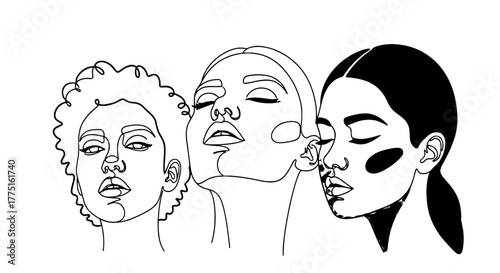 Diverse Women Portraits in Minimalist Line Art Style Illustration, Featuring Black Hair, Curly Hair, and Contemplative Facial Expressions, Promoting Inclusivity & Empowerment in Modern Visuals, Perfec