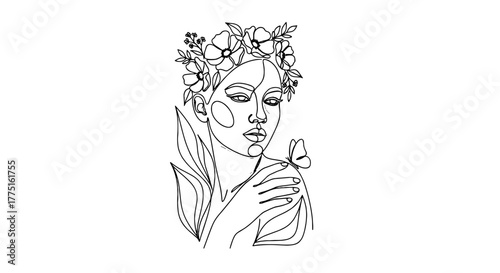 Elegant Woman in Floral Crown Contemplating Butterfly in Serene Garden: Minimalist Line Art Portrait for Wellness, Beauty & Fashion with Abstract Botanical Elements & Warm Earth Tones in Natural Light