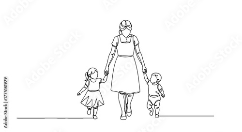 Continuous Line Art of Mother and Children Walking Together Outdoors in Minimalist Style for Family Lifestyle Illustration and Childhood Memory Projects, Simple Linear Drawing for Generational Connect