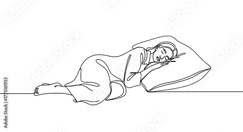 Woman Sleeping Peacefully in Bed, Single Continuous Line Art Drawing of Young Female Asleep on Pillow for Relaxation and Wellness Presentation. Creative Minimalist Vector for Healthcare, Lifestyle, Be